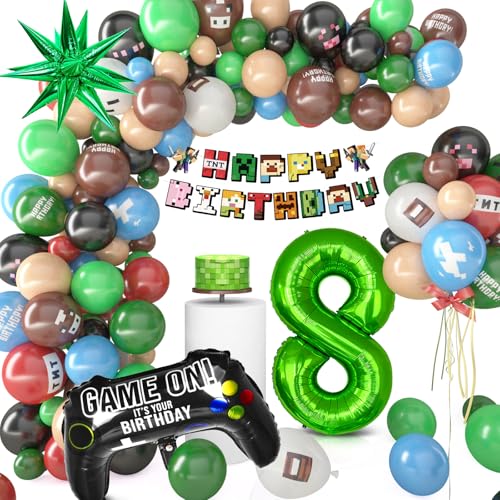 Pixel Luftballon Geburtstagsdeko 8 Jahre, 81 Stück Miner Kindergeburtstag Gamer Party Deko, Happy Birthday Banner Gamer Folienballon Spiel Luftballon Geburtstag Deko für Jungen Kinder von Philoctes