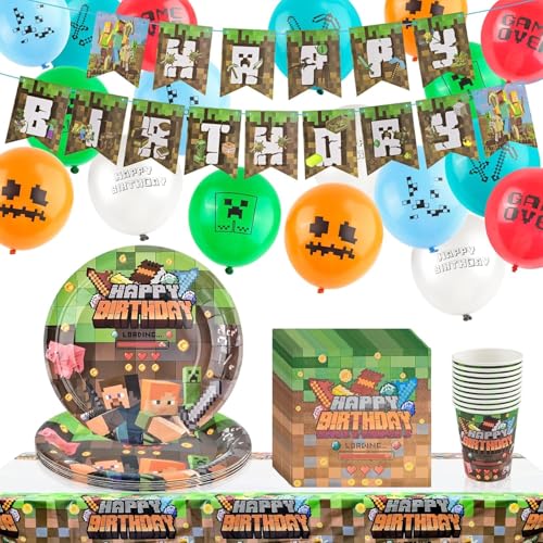 Spiel Geburtstagsdeko Jungen, 60Pcs Mitgebsel Kindergeburtstag, Luftballon Partygeschirr Party Supplies, Pappteller Serviette Tischdecke Ballon Banner Pappbecher für Partyzubehör von Philoctes