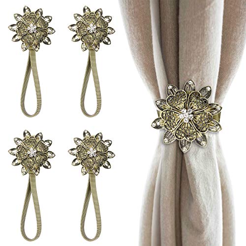 Philorn 4 Stück Vorhangschnalle, Kristallene Blume Magnetisch Raffhalter für Gardinen, Vorhang Raffhalter Mit Stark Frühlingsseil Für Heim- und Bürodekoration (Bronze Magnet) von Philorn
