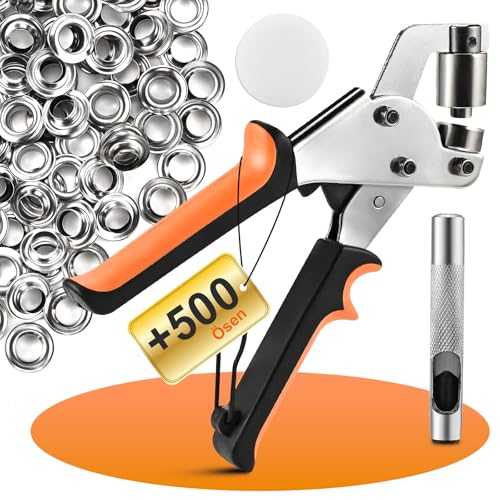 Philtool Profi Ösenzangen Set mit 500 Ösen(Ø 10mm), Ösenzange für planen & stoffe,Magnetische Ösenpresseaus Kohlenstoffstahl, Lochzangen Kit für Leder, Gürtel, Awnings, Stoffe von Philtool