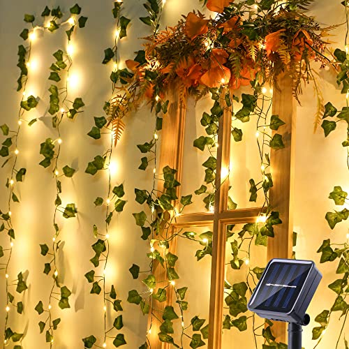 PhilzOps Lichterkette Außen Solar, 10M 100 LED Efeu Künstliche Solar Lichterkette Aussen 8 Modi Wasserdicht Solarlichterkette für Garten Balkon Terrasse Bäume Zimmer Party Hochzeiten Deko, Warmweiß von PhilzOps