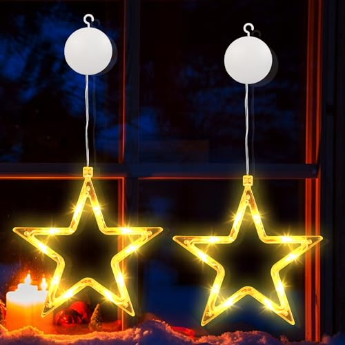 PhilzOps Weihnachten Fenster Lichterkette, 2 Stück 10 LED Sterne Weihnachtsbeleuchtung Batterie Warmweiß Innen Weihnachtsstern Fensterlichter mit Timer für Haus Balkon Outdoor Party Tür Festival Deko von PhilzOps