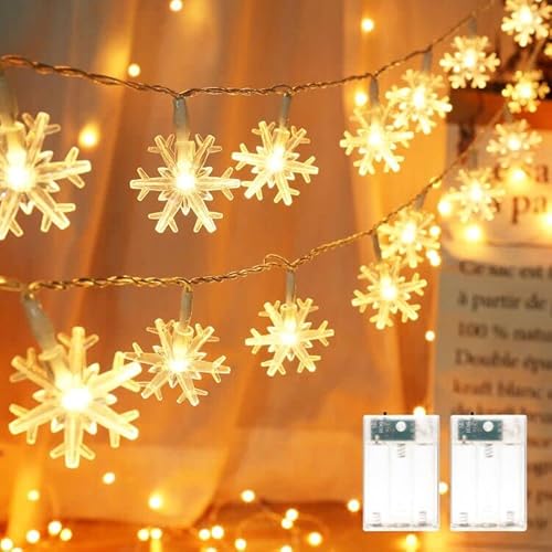 PhilzOps Weihnachten Schneeflocke Lichterketten, 2 Stück 4M 40 LED Warmweiß Lichterkette Innen Batterie Betriebene Weihnachtsdeko Beleuchtung für Schlafzimmer Party Zimmer Geburtstag Außen Garten von PhilzOps