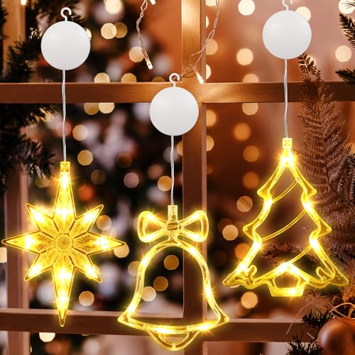 PhilzOps Weihnachtsdeko Fensterlichter, 3 Stück 10 LED Lichtervorhang Warmweiß Weihnachtsbaum Glocke Nordstern Batteriebetriebene 8 Modi Timer mit Saugnäpfe Lichterkette für Innen Außen Party Hochzeit von PhilzOps