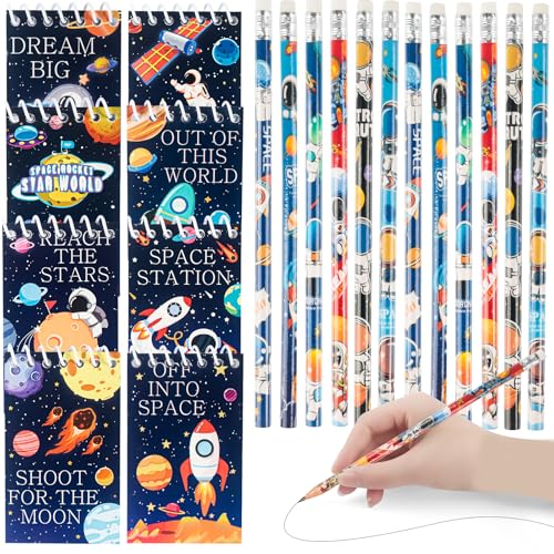 Phlognfy Weltraum Kindergeburtstag Party Mitgebsel, Weltraum Kinder Schulbedarf Set mit 8 Mini Spirale Notizblock + 12 Cartoon Bleistifte, für Jungen Mädchen Gastgeschenke von Phlognfy