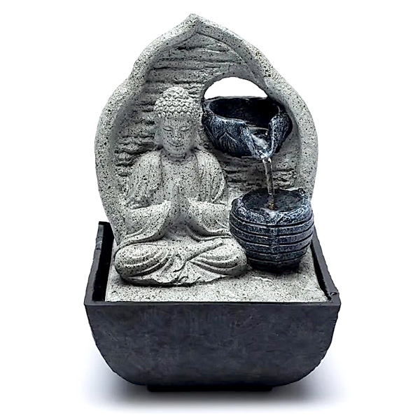 Tischbrunnen "Buddha" in grau aus Polyresin, mit warmweißer LED von Phoenix Import