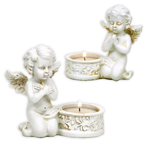 Zwei Engelsfiguren mit Teelichthalter aus Polyresin, 10cm x 9cm x 5cm Zwei Engelsfiguren mit Teelichthalter aus Polyresin, 10cm x 9cm x 5cm