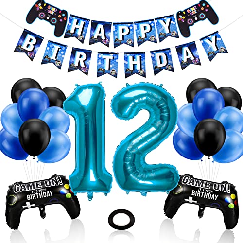 Phoetya Dekorationen zum 12. Geburtstag für Jungen, Gaming-Motto-Geburtstagsparty-Dekorationsset für Gamer, Happy Birthday-Banner, Game-Controller-Luftballons, schwarz-blaue Luftballons für Kinderpart von Phoetya