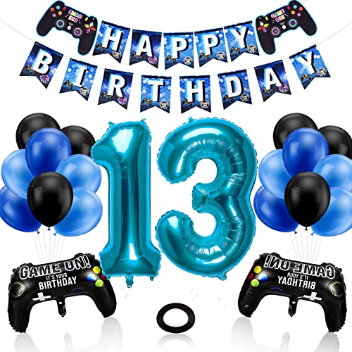Phoetya Dekorationen zum 13. Geburtstag für Jungen, Gaming-Motto-Geburtstagsparty-Dekorationsset für Gamer, Happy Birthday-Banner, Game-Controller-Luftballons, schwarz-blaue Luftballons für Kinderpart von Phoetya