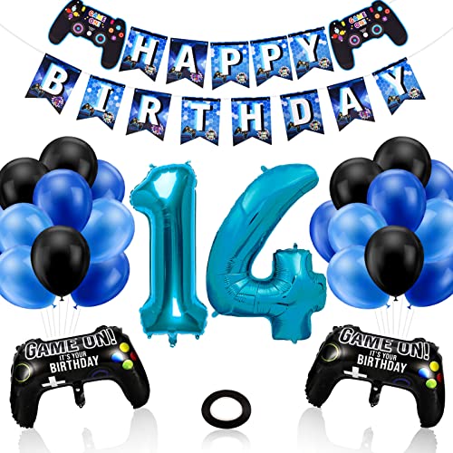 Geburtstagsdeko Jungen 14 Jahre, Gamer Deko Geburtstag, Gamecontroller Luftballons Happy Birthday Girlande Banner Schwarz Blaue Luftballons für Kinder Videospiel Thema Party Zubehör (Blau 14) von Phoetya