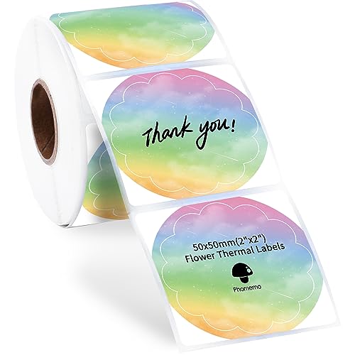 Phomemo Blumen Thermoetiketten 50x50mm, Selbstklebend Runde Regenbogen Aufkleber, Kreisförmige Handgefertigt Etikettenaufkleber für Dankeschön, Adressetiketten(500 Etiketten/Rolle, 1 Rolle) von Phomemo