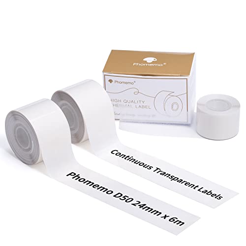 Phomemo D50 24mm Transparente Kontinuierlich Selbstklebendes Thermo Etikettenband, 7/8" x 236 1/8" (24 mm x 6 m), Geeignet für Heimorganisation, Büro, Aufbewahrung, Schule, Datum, 3 Rollen von Phomemo