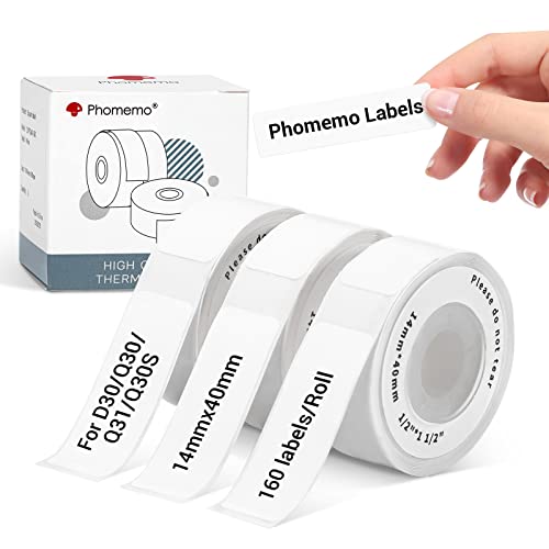 Phomemo Etiketten Weiß für D30 Etikettiergerät, Thermo-Etiketten Kompatibel mit Colorwing Q30, Phomemo Etikettendrucker Q31/Q30S/Q30, 14mmx40mm Schriftband mit 160 Etiketten/Rolle, 3 Rollen von Phomemo