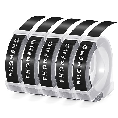 Phomemo Etikettenband Prägeband Kompatibel mit Dymo Omega Etikettenband Ersatz für 3D Etikettenband 9mm für Omega S0717930 Junior S0717900 Etikettiergerät (Weiß auf Schwarz, 5 Stück) von Phomemo