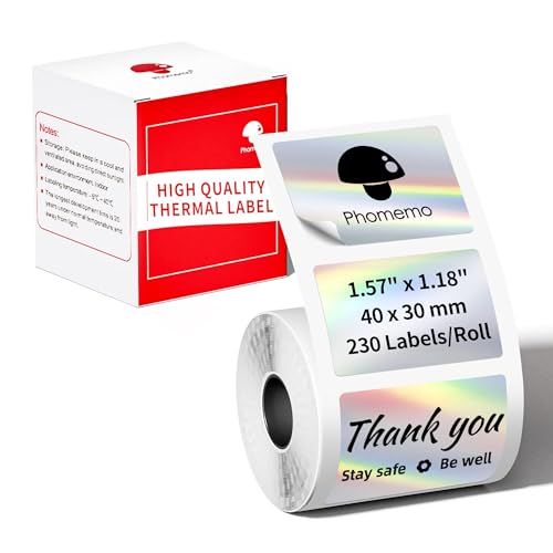 Phomemo Holographic Silver Etiketten für M220 M250 M221 M120 M150 M108 M110 M421 Etikettendrucker, Thermoaufkleber Etiketten für Lager, Haus, Schule, Geschäft, 1 Rolle, 40x30mm, 230 Etiketten/Rolle Phomemo Holographic Silver Etiketten für M220 M250 M221 M120 M150 M108 M110 M421 Etikettendrucker, Thermoaufkleber Etiketten für Lager, Haus, Schule, Geschäft, 1 Rolle, 40x30mm, 230 Etiketten/Rolle von Phomemo