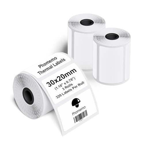 Phomemo M110/M200/M220/M221/M120 Selbstklebende Etiketten, 1.18"x 0,78"(30x20mm) Thermoetiketten papier für Phomemo M110/M200/M220/M221/M120 Etikettendrucker, 320 Etiketten pro Rolle (3 Rollen) von Phomemo