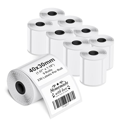 Phomemo M110/M200/M220/M221/M120 Selbstklebende Etiketten, 1.57"x1.18"(40x30mm) Thermoetiketten papier für Phomemo M110/M200/M220/M221/M120 Etikettendrucker, 230 Etiketten pro Rolle (9 Rollen) von Phomemo