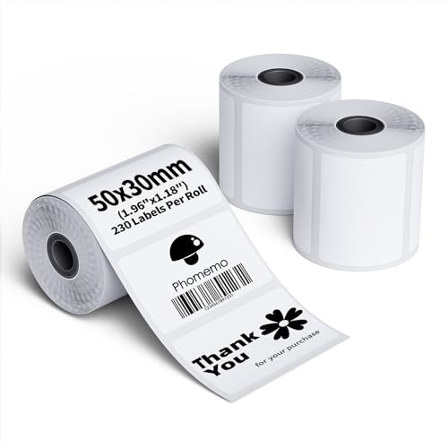 Phomemo M110/M220/M221/M200/M120/M100/M108/M150/M250/M260 Selbstklebende Etiketten, 1.96"x1.18"(50x30mm) Thermoetiketten papier für Phomemo Etikettendrucker, 230 Etiketten pro Rolle (3 Rollen) von Phomemo
