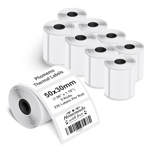 Phomemo M110/M200/M220/M221/M120 Selbstklebende Etiketten, 1.97"x1.18"(50x30mm) Thermoetiketten papier für Phomemo M110/M200/M220/M221/M120 Etikettendrucker, 230 Etiketten pro Rolle (9 Rollen) von Phomemo