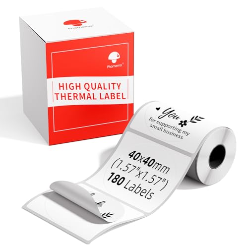 Phomemo M110/M220/M221/M200/M120/M100/M108/M150/M250/M260 Multifunktionale selbstklebende Etiketten, 1.57" x 1.57"(40x40 mm) Thermoetikettenpapier für Phomemo Etikettendrucker, 180 Etiketten pro Rolle von Phomemo