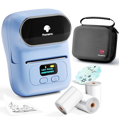 Phomemo M110 Etikettendrucker, Bluetooth Thermo Etikettenmacher Set,Tragbarer Etikettiergerät für Kleinunternehmen,Haushalt,Schule,Aufkleber Drucker mit 3 Rollen Etiketten und 1 Tragbare Tasche -blau von Phomemo