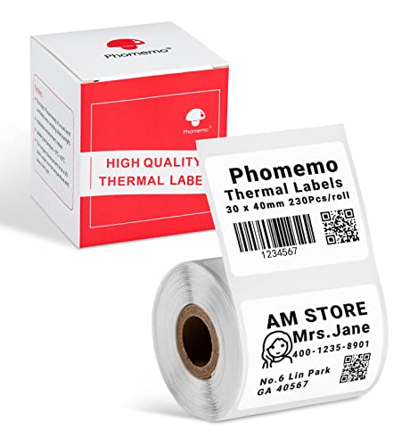 Phomemo M220 Etikettenpapier für M220 M250 M221 M120 M150 M108 M110 M421 Etikettendrucker, Multifunktionales Thermopapier für Name, Preis, Adresse, 1 Rolle, 40x30mm,230 Etiketten/Rolle von Phomemo