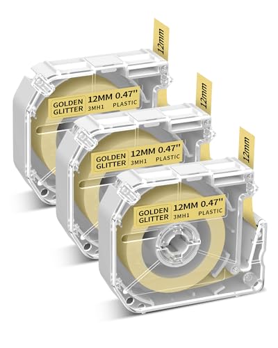 Phomemo M950 M960 Etikettenband x 3-12mm x 4m, kompatibel mit Brother PT-M95 PT-85 PT-70BM PT-90 PT-65 Etikettendrucker (Schwarz auf Goldene Glitzer, 3er Pack) von Phomemo
