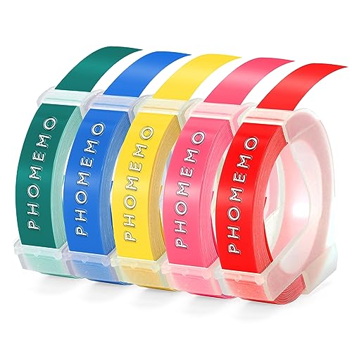 Phomemo Prägeband Kompatibel mit Omega Etikettenband Ersatz für 3D Etikettenband 9mm für Omega S0717930 Junior Etikettiergerät Prägegerät(Weiß auf Rot|Blau|Gelb|Rosa|Seegrün, 5 Stück) von Phomemo