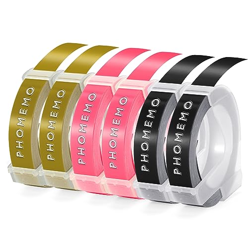 Phomemo Etikettenband Kompatibel mit Dymo Omega Prägeband Ersatz für 3D Etikettenband 9mm für Etikettiergerät Prägegerät(Weiß auf Schwarz|Gold|Rosa, 6 Stück) von Phomemo