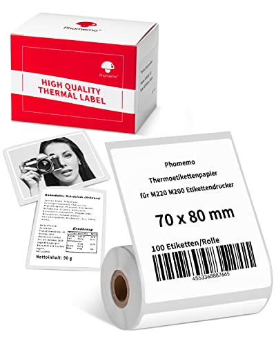 Phomemo Thermoetikettenpapier für M220 M250 M221 M421 Etikettendrucker - Multifunktionales Selbstklebendes Etikett, für Büro,Lager,Adressetikett,Transport,1 Rolle, 70x80mm,100 Etiketten/Rolle von Phomemo