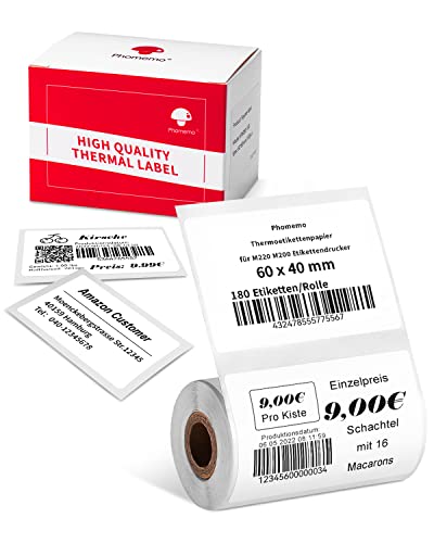 Phomemo Thermo-Etiketten,Thermoetikettenpapier für M220 M200 Etikettendrucker - Multifunktionales selbstklebendes Etikett,Adressetikett,Preisschild Etikett,2,35 "x 1,57"（60x40mm）,180 Etiketten/Rolle von Phomemo