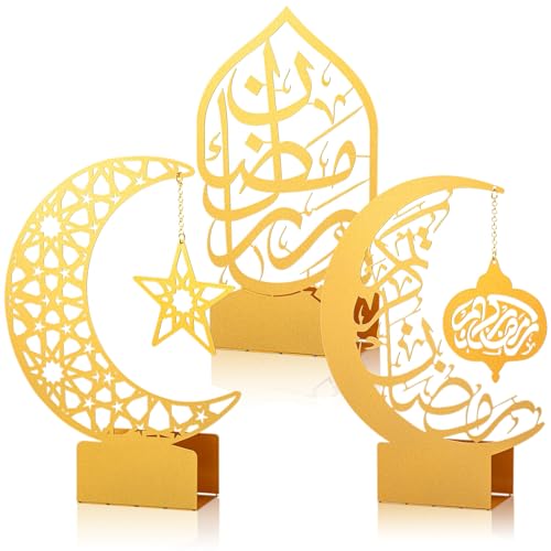 Photect 3 Stück Metall Ramadan Tisch Deko Gold Eid Mubarak Tischdekoration Stern Mond Islamische Tischschilder Ramadan Esstisch Ornamente Teelichthalter für Tafelaufsatz Deko Party Geschenk von Photect