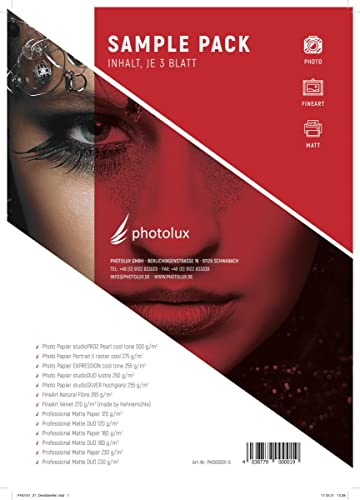 Photolux Sample Pack DIN A4 (210x297mm) 36 Blatt - Matt, glossy, pearl, raster, lustre Fotopapier von Photolux