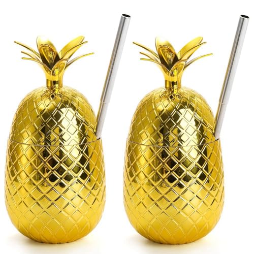 Phyachelo 2er-Pack Ananas-Getränkebecher, 450 Ml Goldener Ananasbecher mit Gedehntem Strohhalm, Hawaiianische Luau-Partybecher, Einfach zu Verwenden von Phyachelo