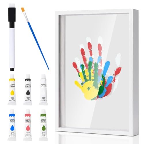 Familien Handabdruck Set, Handabdruck Baby Bilderrahmen Baby Fussabdruck Set mit Platz für 4, Fingerfarben Kinder Ungiftig, DIY Geschenke Dekoration für Baby- & Kleinkinderzimmer (Weiß) von Piashow