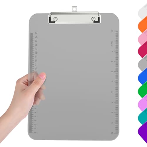 Piasoenc Plastic Clipboards, Translucent Clip Board with Low Profile, Purple Clipboard with Ruler,Office Clipboards, School Supplies, Letter Size 12.5 x 9 Inches, Grey von Piasoenc