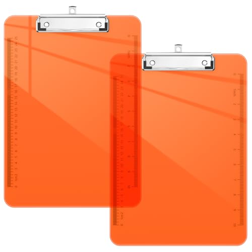 Piasoenc Kunststoff-Klemmbretter, durchscheinendes Lineal, Klemmbrett mit niedrigem Profil, Bürobedarf, Schulbedarf, Briefgröße 22,9 x 32,5 cm, Orange, 2 Stück von Piasoenc