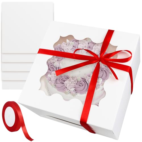 Piaxle Tortenbox Tortenkarton Hoch 20.5x20.5x12.5cm 5 Sets Kuchenbox Weißer mit Cake Board und Geschenkband Tortenschachtel Cake Box für Torten Desserts (8x8x5inch) von Piaxle