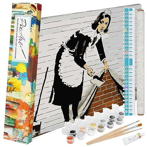 PicArt Malen nach Zahlen Set - Banksy Besenrein 40cm x 50cm Leinwand – mit Acrylfarben & da Vinci Pinsel – Made in Germany, fertig bespannt von PicArt