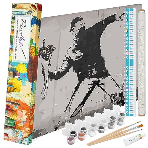 PicArt Malen nach Zahlen Set - Banksy Blumenwurf 40cm x 50cm Leinwand – mit Acrylfarben & da Vinci Pinsel – Made in Germany, mit Rahmen von PicArt