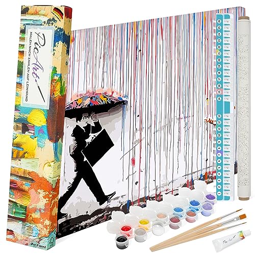 PicArt Malen nach Zahlen Set - Banksy Farbiger Regen 40cm x 50cm Leinwand – mit Acrylfarben & da Vinci Pinsel – Made in Germany, mit Rahmen von PicArt
