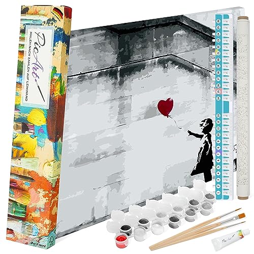 PicArt Malen nach Zahlen Set - Banksy Mädchen mit Ballon 40cm x 50cm Leinwand – mit Acrylfarben & da Vinci Pinsel – Made in Germany, ohne Rahmen von PicArt