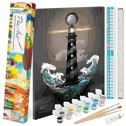 PicArt Malen nach Zahlen Set - Leuchtturm 40cm x 50cm Leinwand – mit Acrylfarben & da Vinci Pinsel – Made in Germany, fertig bespannt von PicArt