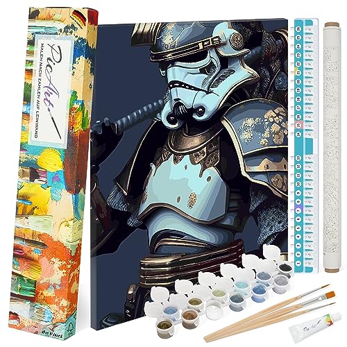 PicArt Malen nach Zahlen Set - ST Samurai 40cm x 50cm Leinwand – mit Acrylfarben & da Vinci Pinsel – Made in Germany, mit Rahmen von PicArt