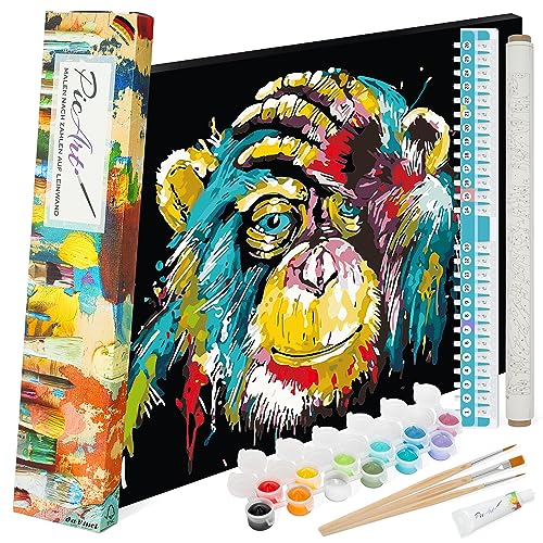 PicArt Malen nach Zahlen Set - Schimpanse 40cm x 50cm Leinwand – mit Acrylfarben & da Vinci Pinsel – Made in Germany, fertig bespannt von PicArt