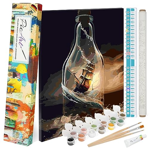 PicArt Malen nach Zahlen Set - Segelschiff 40cm x 50cm Leinwand – mit Acrylfarben & da Vinci Pinsel – Made in Germany, mit Rahmen von PicArt