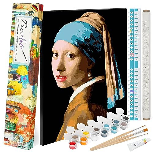 PicArt Malen nach Zahlen Set - Vermeer Mädchen Perlenohrring 40cm x 50cm Leinwand – mit Acrylfarben & da Vinci Pinsel – Made in Germany, fertig bespannt von PicArt