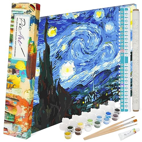 PicArt Malen nach Zahlen Set - van Gogh Sternenhimmel 40cm x 50cm Leinwand – mit Acrylfarben & da Vinci Pinsel – Made in Germany, fertig bespannt von PicArt