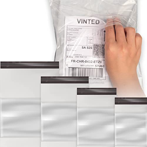 PickWorthy, 100 x Vinted Kunststoffbeutel mit integrierter Versandtasche in 4 Größen, Verpackung im Vinted-Look, aus Polyethylen mit starkem selbstklebendem Verschluss (weiß) von PickWorthy