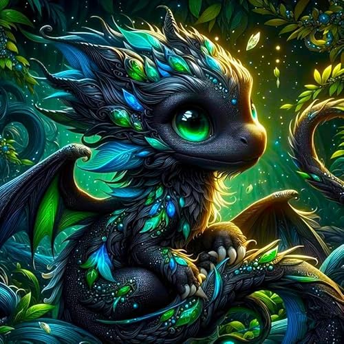 Diamond Painting Set – Drago der kleine Drache – für Erwachsene & Kinder – 50x50 cm – mit AB-Steinen, Feenstaubfarbe, Strasssteinen – Komplettset mit Werkzeug – Glitzerndes DIY-Kunstwerk von Picmondoo